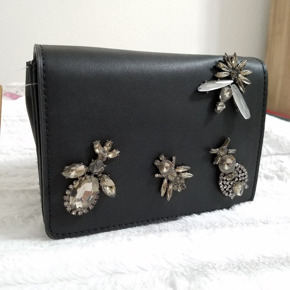 Boutique Handbags - Faux black leather jeweled clutch/crossbody -NWT